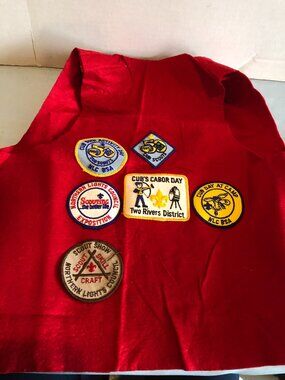 Boy Scouts Red Vest MISSING FRONT TIE - 6 Patches on Back #F32